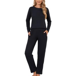 PNAEONG Womens Pajama Sets Long Sleeve Top With Pants Lounge Sets Soft Sleepwear Comfy Pjs With Pockets(Black)