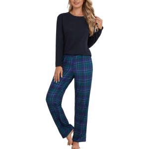 PNAEONG Womens Pajama Sets Long Sleeve Top With Pants Lounge Sets Soft Sleepwear Comfy Pjs With Pockets(Green Plaid)