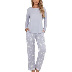 PNAEONG Womens Pajama Sets Long Sleeve Top With Pants Lounge Sets Soft Sleepwear Comfy Pjs With Pockets(Grey Star)