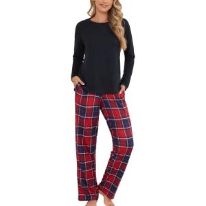 PNAEONG Womens Pajama Sets Long Sleeve Top With Pants Lounge Sets Soft Sleepwear Comfy Pjs With Pockets(Red Plaid)