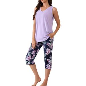 PNAEONG Women’s Pajamas Set, Cotton Sleeveless Sleepwear V Neck Top Capri Pants with Pockets Soft Loungewear S-XXL(C Black Flower)