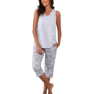 PNAEONG Women’s Pajamas Set, Cotton Sleeveless Sleepwear V Neck Top Capri Pants with Pockets Soft Loungewear S-XXL(C Coffee)