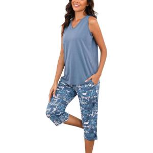 PNAEONG Women’s Pajamas Set, Cotton Sleeveless Sleepwear V Neck Top Capri Pants with Pockets Soft Loungewear S-XXL(C Good Night)