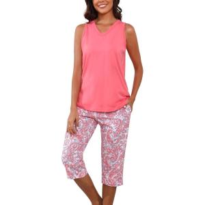 PNAEONG Women’s Pajamas Set, Cotton Sleeveless Sleepwear V Neck Top Capri Pants with Pockets Soft Loungewear S-XXL(C Pink Paisley)