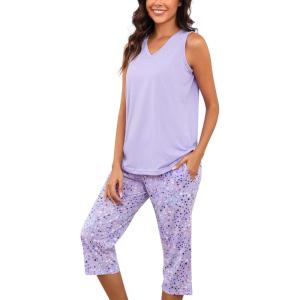 PNAEONG Women’s Pajamas Set, Cotton Sleeveless Sleepwear V Neck Top Capri Pants with Pockets Soft Loungewear S-XXL(C Purple)