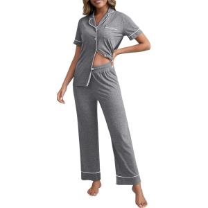 PNAEONG Womens Pajama Sets Short Sleeve Button Down Sleepwear 2 Piece Lounge Sets Soft Pj Sets(Dark Grey)