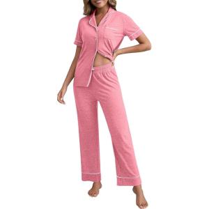 PNAEONG Womens Pajama Sets Short Sleeve Button Down Sleepwear 2 Piece Lounge Sets Soft Pj Sets(Dusty Rose)