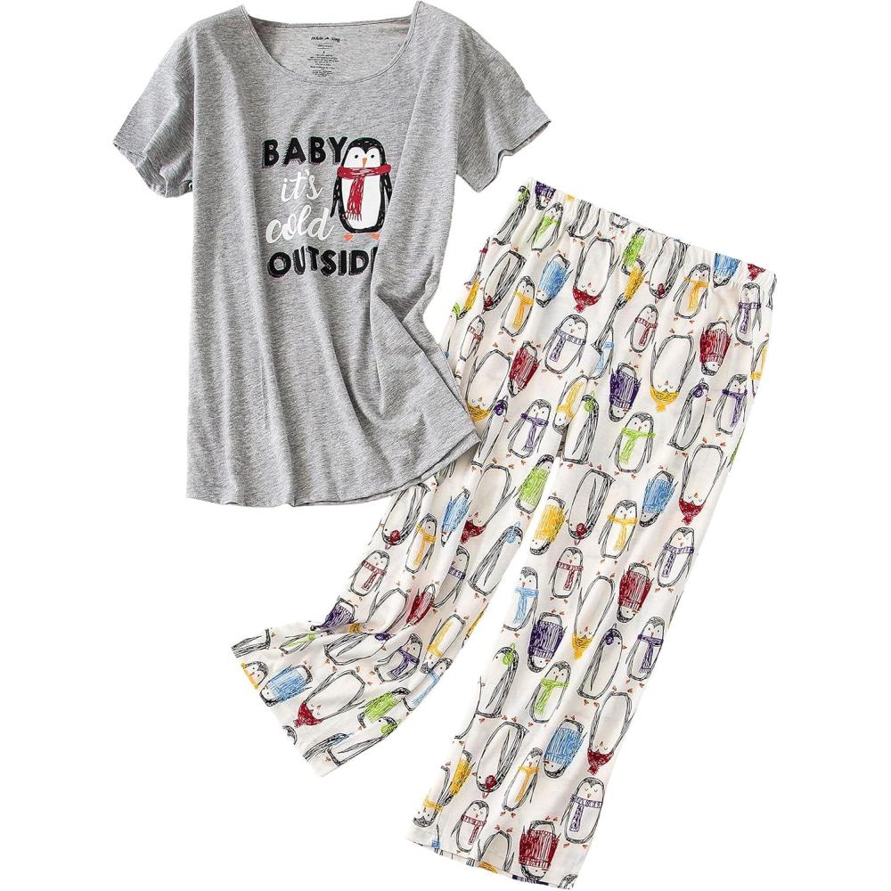 imagePNAEONG Women Pajama Set Sleepwear Tops with Capri Pants Casual and Fun Prints Pajama SetsPenguin