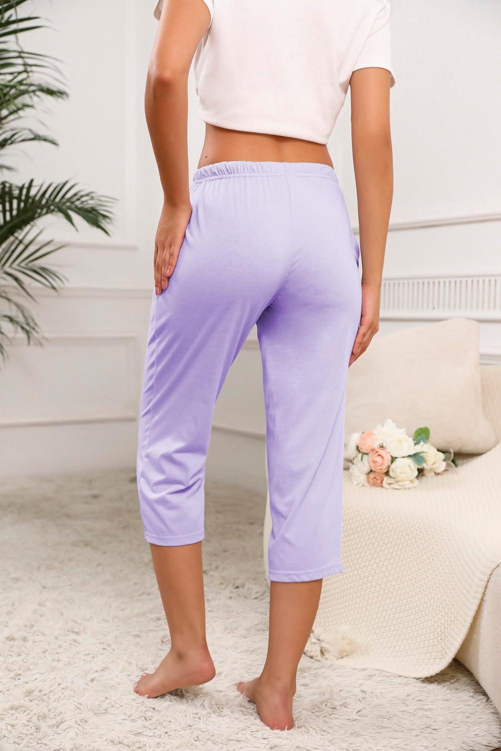 imagePNAEONG 3 Pack Women Pajama Pants Capri Length Drawstring Pj Bottoms Sleep Lounge Pants with Pockets S3XLCoffeestarc Purple