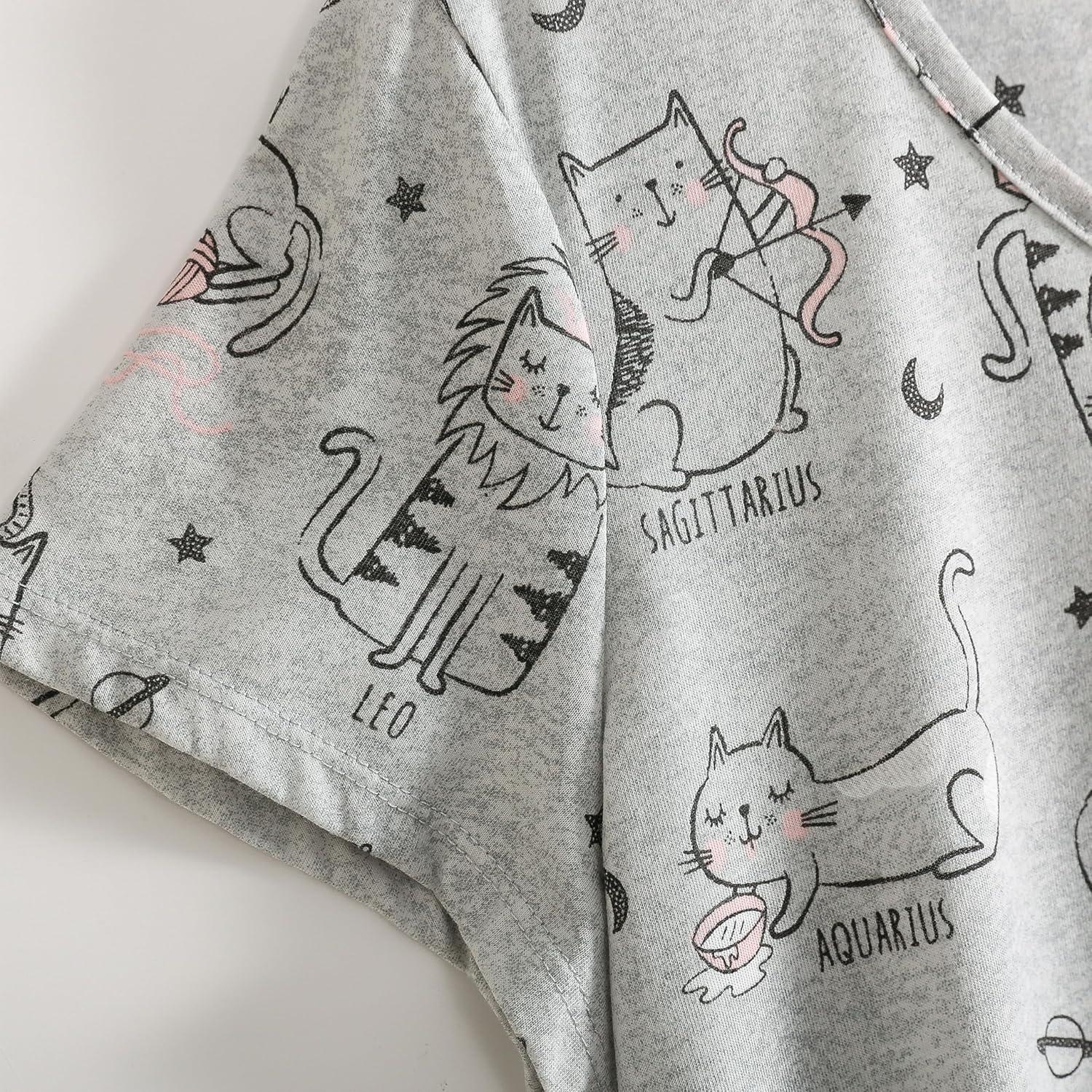 imagePNAEONG Womens Nightgowns Short Sleeves Cotton Sleepwear Print Sleep Shirt XTSY108Gray CatsM