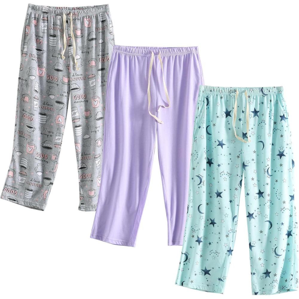 imagePNAEONG 3 Pack Women Pajama Pants Capri Length Drawstring Pj Bottoms Sleep Lounge Pants with Pockets S3XLCoffeestarc Purple