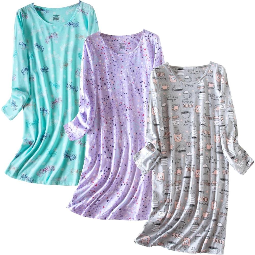 imagePNAEONG 3 Pack Womens Nightgown Long Sleeve Sleep Shirts Comfy Soft Nightshirt Women Pajama Sleep Dress Cotton SleepwearCoffeepurplefly