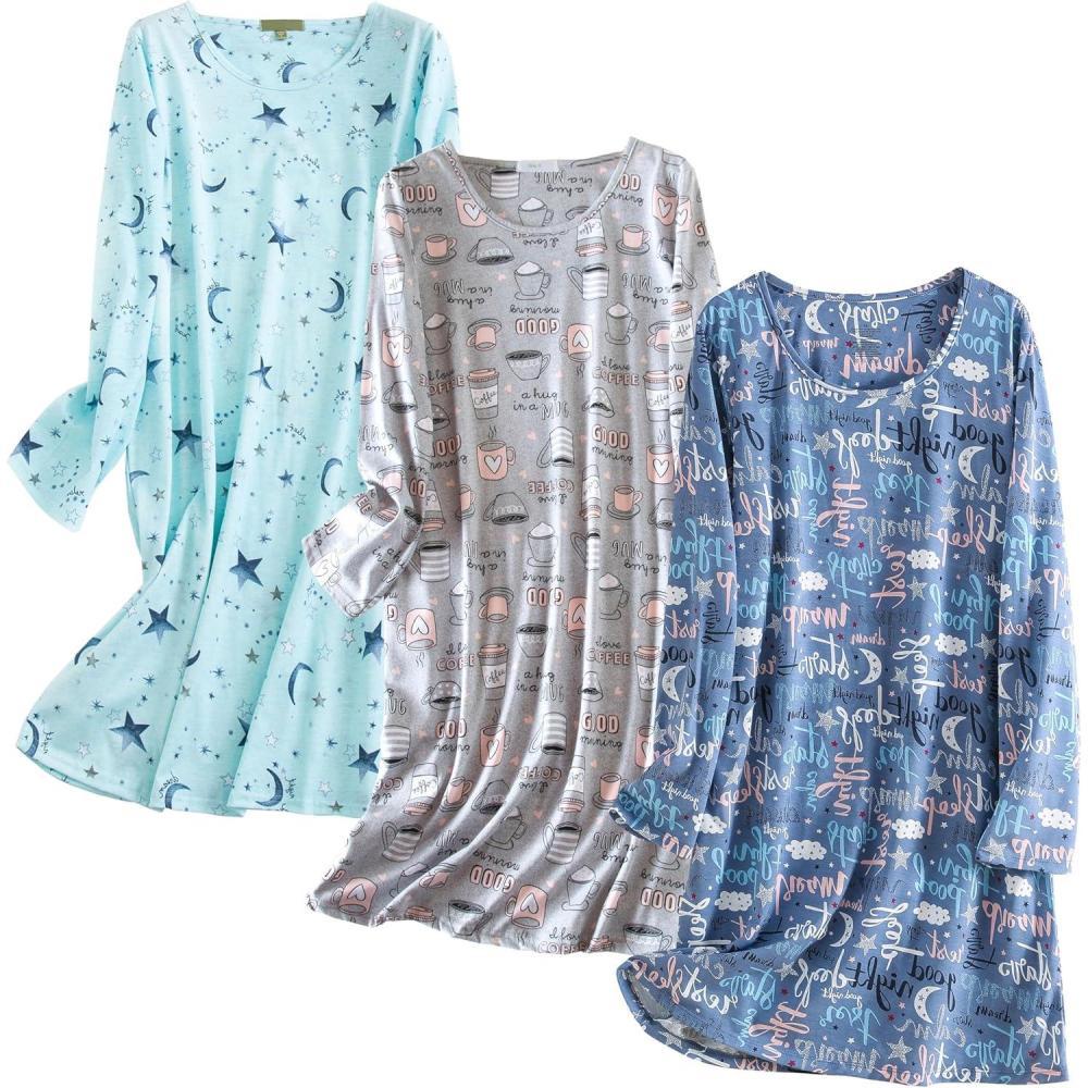 imagePNAEONG 3 Pack Womens Nightgown Long Sleeve Sleep Shirts Comfy Soft Nightshirt Women Pajama Sleep Dress Cotton SleepwearGood Nightcoffeestar