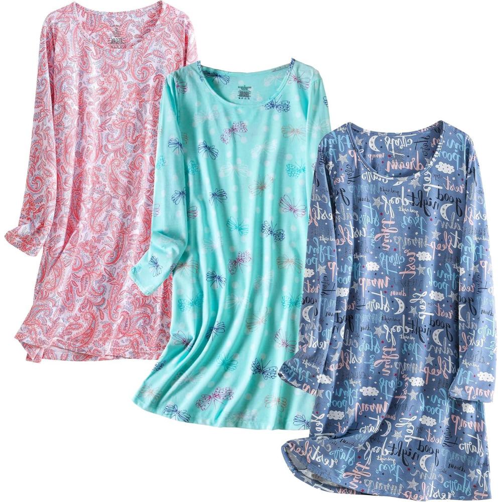 imagePNAEONG 3 Pack Womens Nightgown Long Sleeve Sleep Shirts Comfy Soft Nightshirt Women Pajama Sleep Dress Cotton SleepwearGood Nightpink Paisleyfly