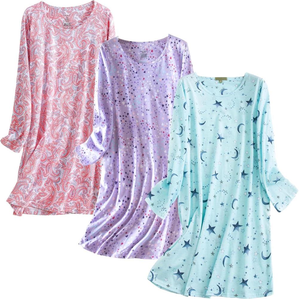 imagePNAEONG 3 Pack Womens Nightgown Long Sleeve Sleep Shirts Comfy Soft Nightshirt Women Pajama Sleep Dress Cotton SleepwearStarpurplepink Paisley