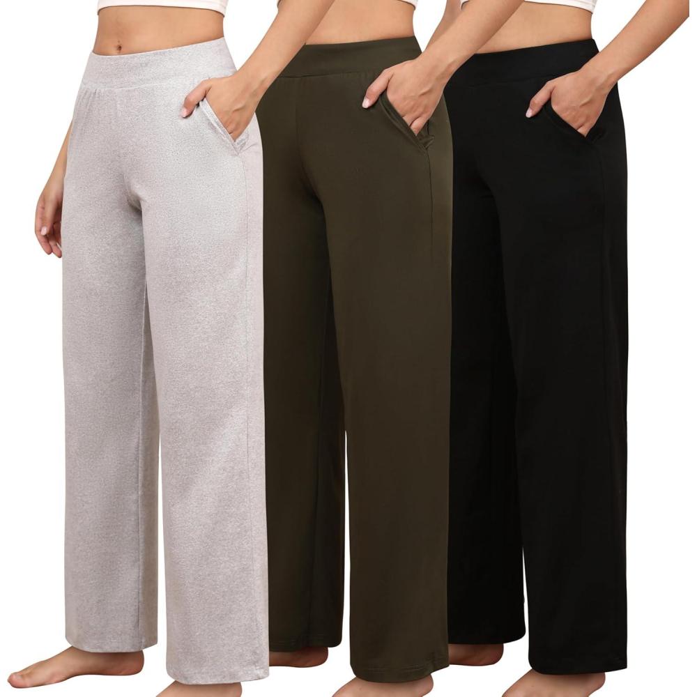 imagePNAEONG 3 Pack Womens Petite Sweatpants Casual Wide Leg Pants Loose Fit Lounge Pants with Pocket BlackLight GreyArmy GreenM