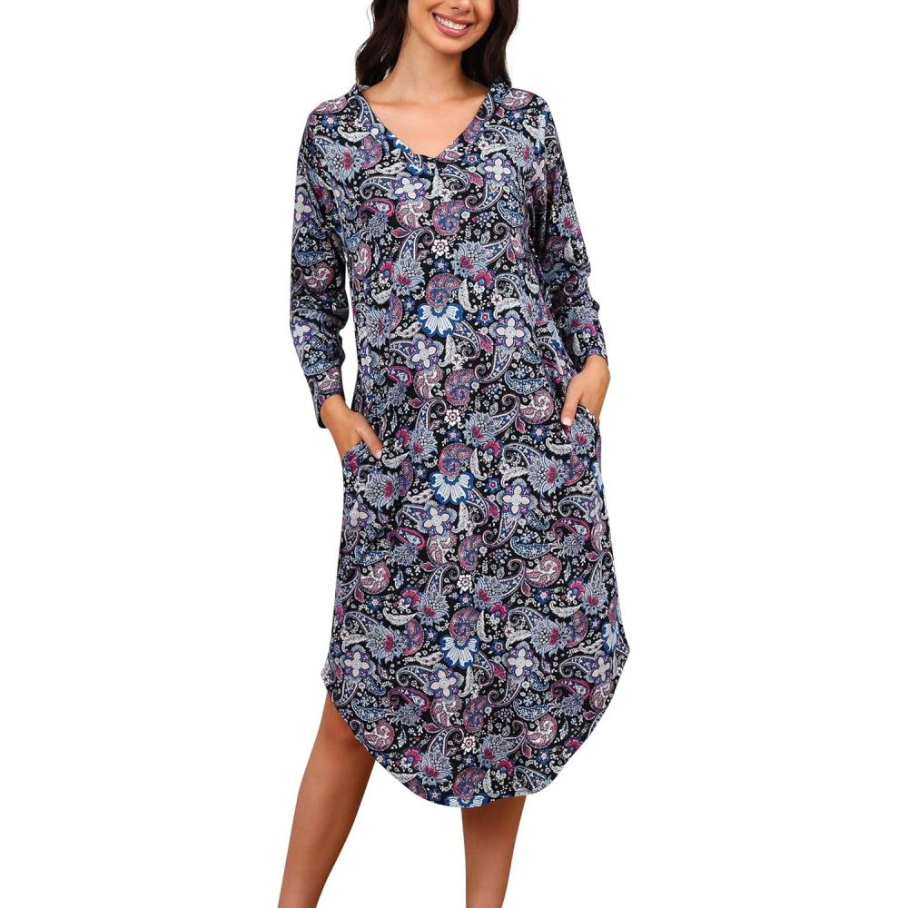 imagePNAEONG Nightgowns for Women Soft Cotton Long Sleeve Night Gowns Adult Sleepwear V Neck Nightshirt Comfy SleepshirtsBlue Paisley