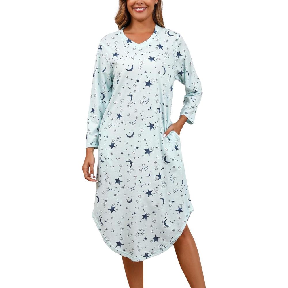 imagePNAEONG Nightgowns for Women Soft Cotton Long Sleeve Night Gowns Adult Sleepwear V Neck Nightshirt Comfy SleepshirtsBlue Star