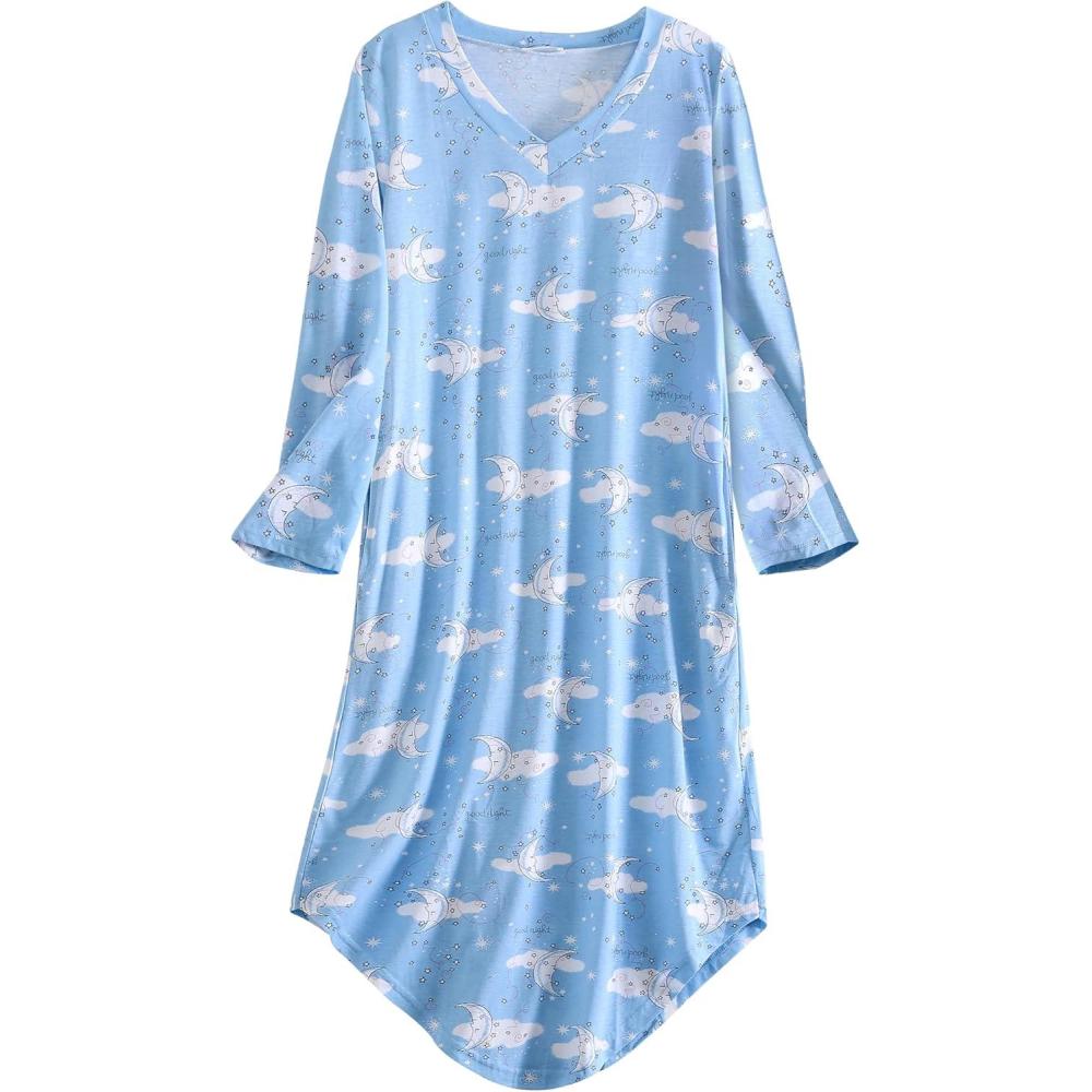 imagePNAEONG Nightgowns for Women Soft Cotton Long Sleeve Night Gowns Adult Sleepwear V Neck Nightshirt Comfy SleepshirtsCloud Moon