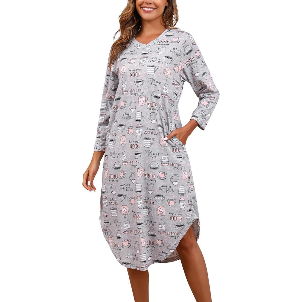 imagePNAEONG Nightgowns for Women Soft Cotton Long Sleeve Night Gowns Adult Sleepwear V Neck Nightshirt Comfy SleepshirtsCoffee