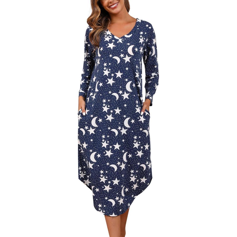 imagePNAEONG Nightgowns for Women Soft Cotton Long Sleeve Night Gowns Adult Sleepwear V Neck Nightshirt Comfy SleepshirtsDeep Night