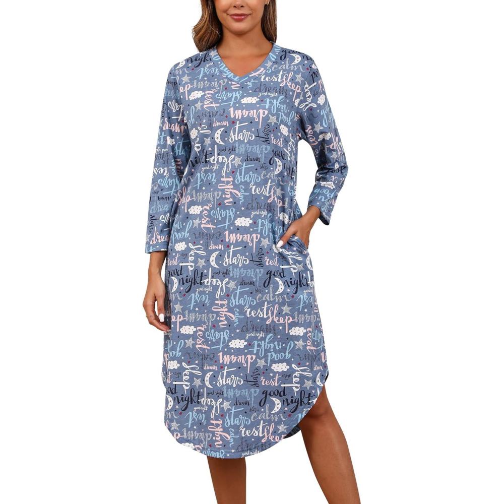 imagePNAEONG Nightgowns for Women Soft Cotton Long Sleeve Night Gowns Adult Sleepwear V Neck Nightshirt Comfy SleepshirtsGood Night