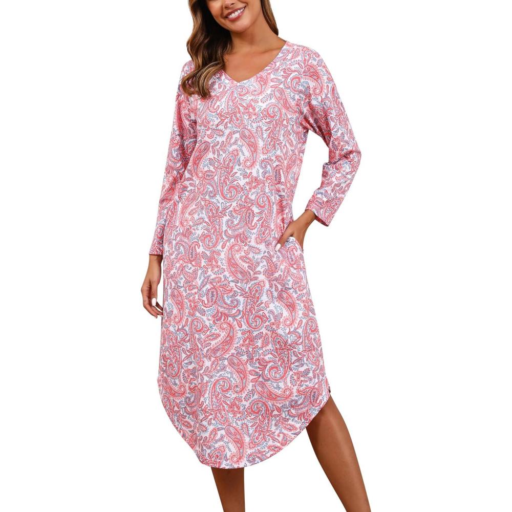 imagePNAEONG Nightgowns for Women Soft Cotton Long Sleeve Night Gowns Adult Sleepwear V Neck Nightshirt Comfy SleepshirtsPink Paisley