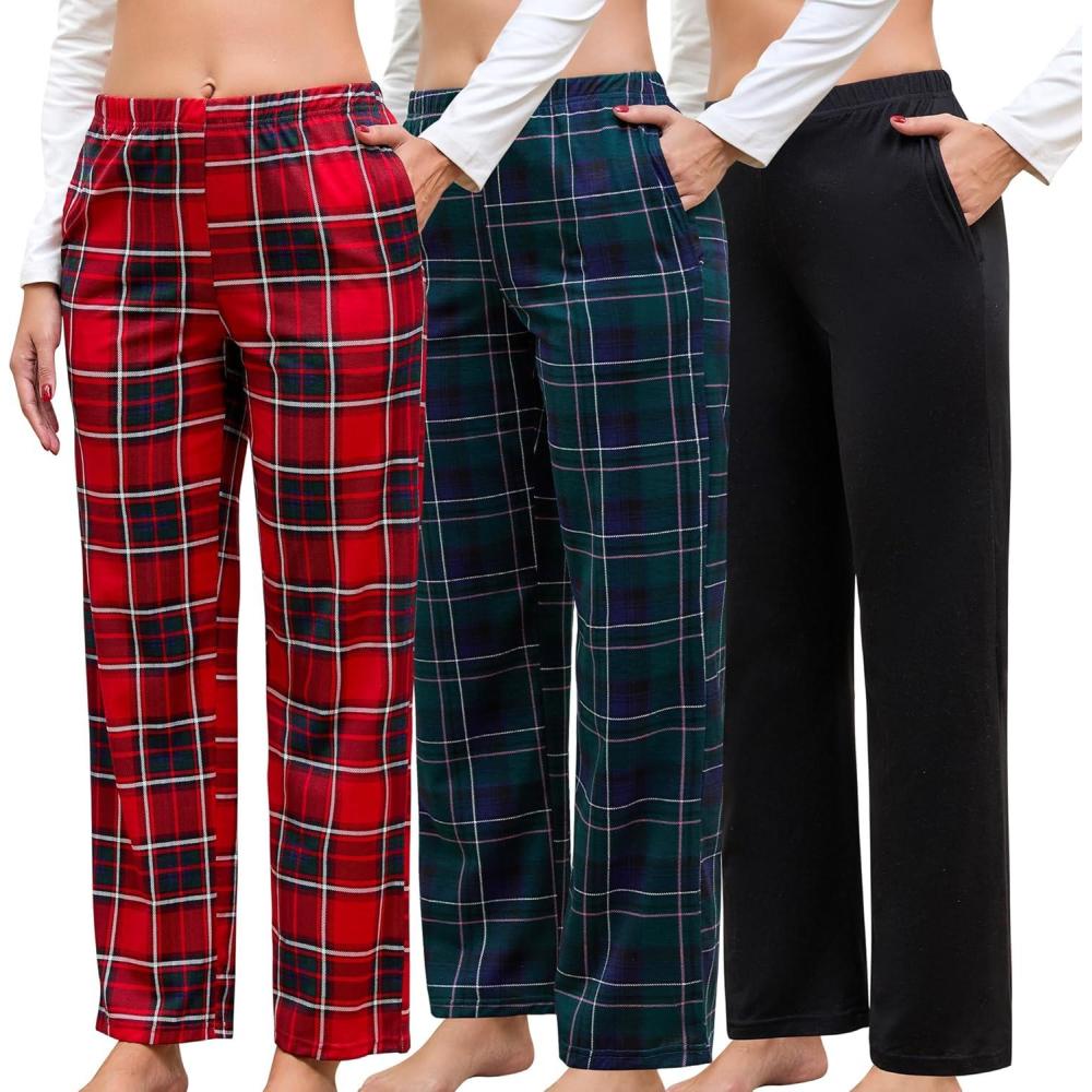 imagePNAEONG Pajama Pants Women 3 Pack Soft Cotton Lounge Pants Comfy Casual Pajama Bottoms with Elastic Waistband amp PocketsRed Plaidgreen Plaidc Black