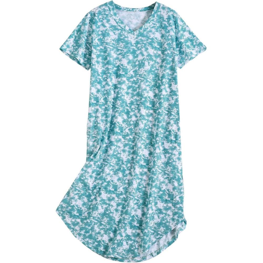 imagePNAEONG Women Short Sleeve Long Nightgown Soft Cotton Sleepwear Nightshirts Loungewear with PocketsTgreen