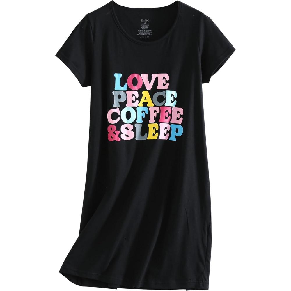 imagePNAEONG Womens Cotton Nightgown Sleepwear Short Sleeves Shirt Casual Print SleepdressLove Peace