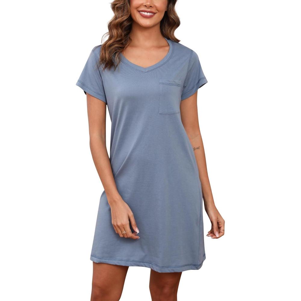 imagePNAEONG Womens Cotton Nightshirt Soft Nightgowns Short Sleeve Casual Pajama Dress Sleepwear with Breast Pocket S3XLDark Blue