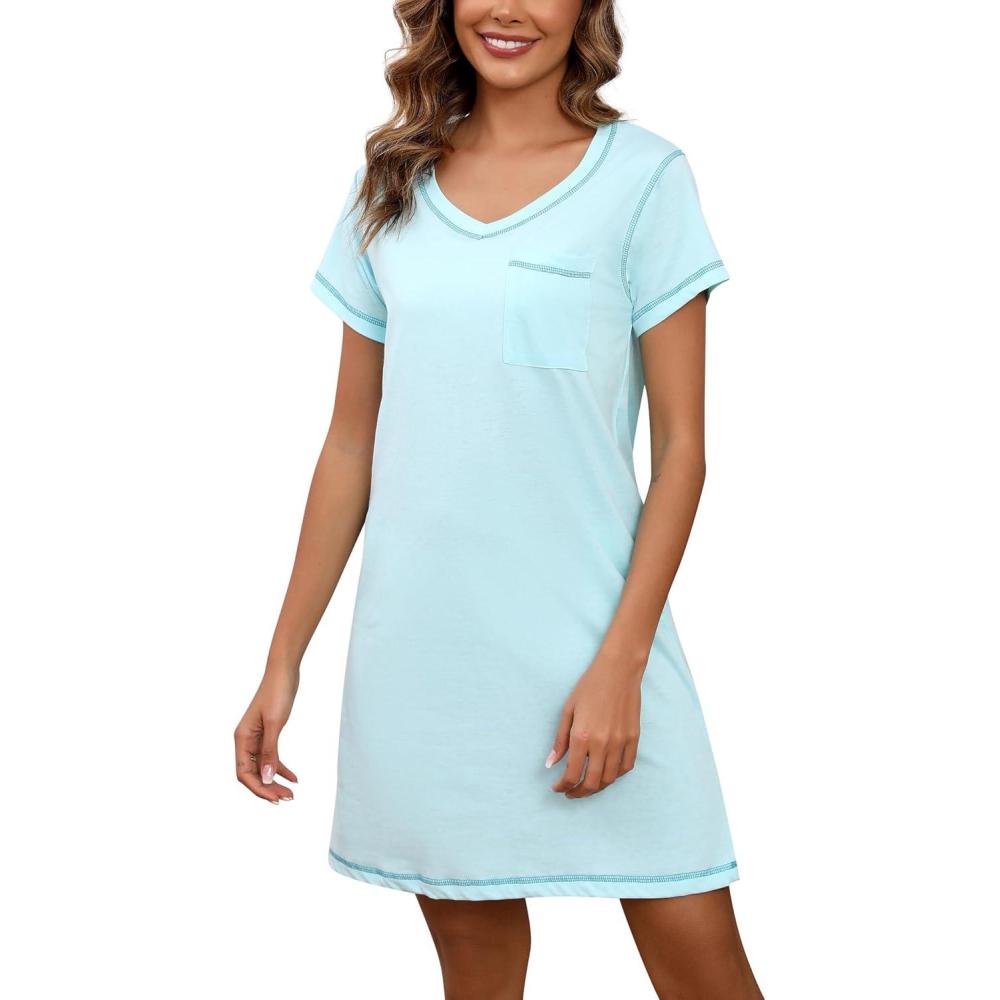 imagePNAEONG Womens Cotton Nightshirt Soft Nightgowns Short Sleeve Casual Pajama Dress Sleepwear with Breast Pocket S3XLTeal