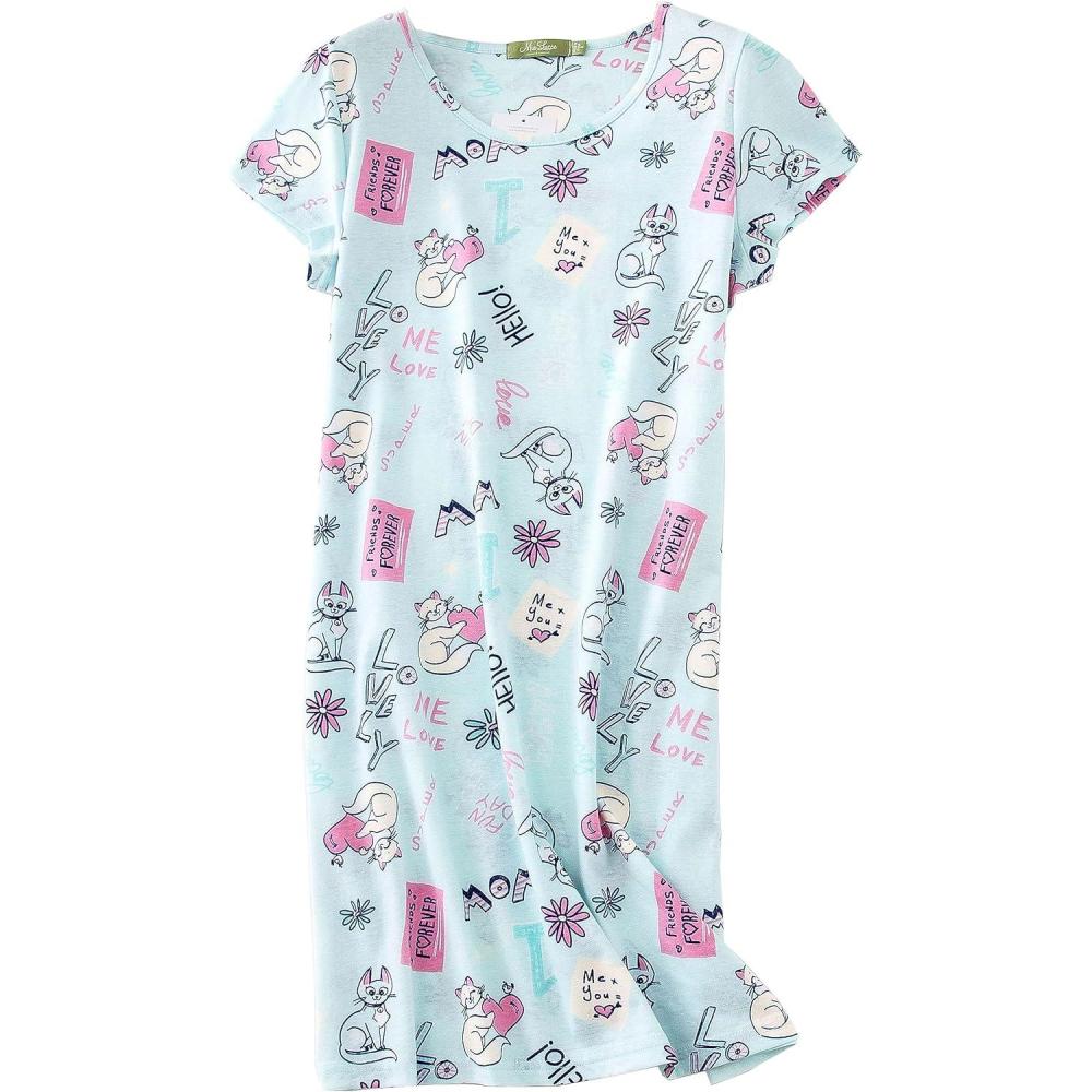 imagePNAEONG Womens Nightgowns Short Sleeves Cotton Sleepwear Print Sleep Shirt XTSY108Blue CatL