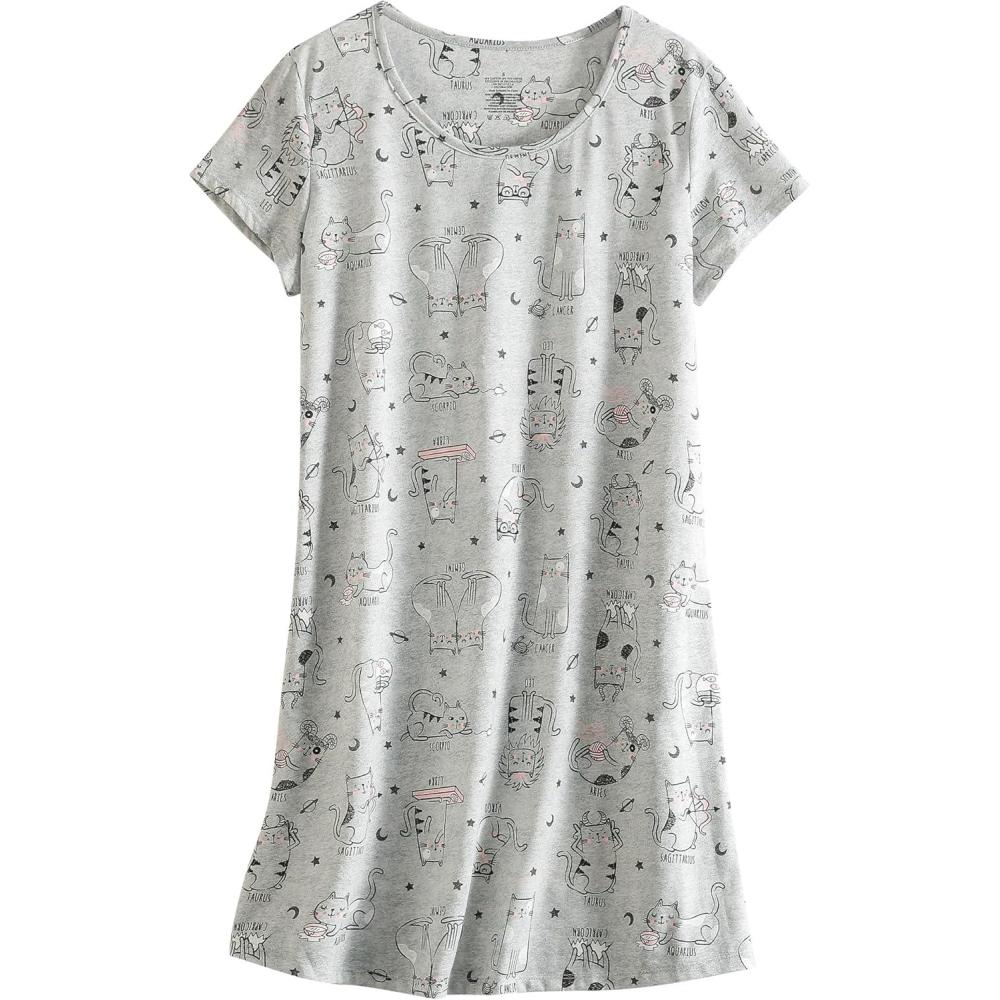 imagePNAEONG Womens Nightgowns Short Sleeves Cotton Sleepwear Print Sleep Shirt XTSY108Gray CatsXL