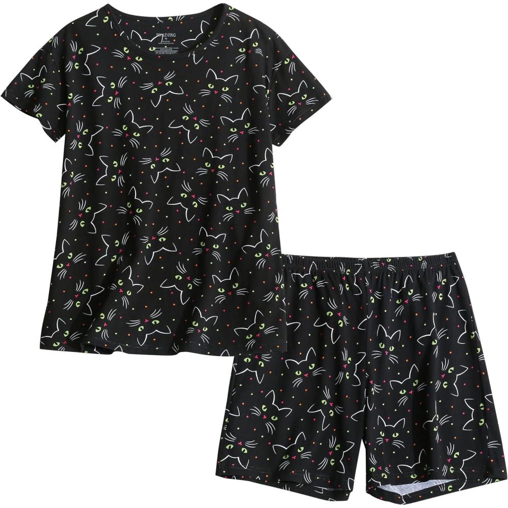 imagePNAEONG Womens Pajamas Set Cotton Short Sleeve Sleepwear Pjs Sets S3XLS Black Cats