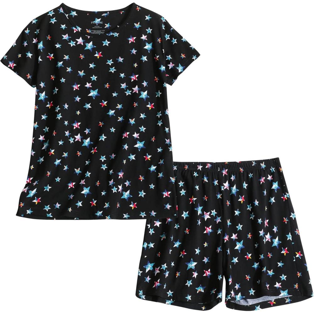 imagePNAEONG Womens Pajamas Set Cotton Short Sleeve Sleepwear Pjs Sets S3XLS Black Star