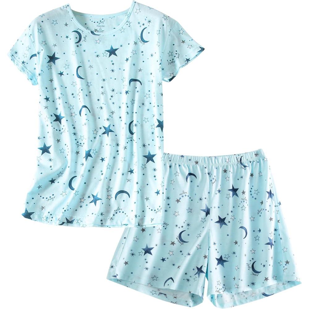 imagePNAEONG Womens Pajamas Set Cotton Short Sleeve Sleepwear Pjs Sets S3XLS Blue Star
