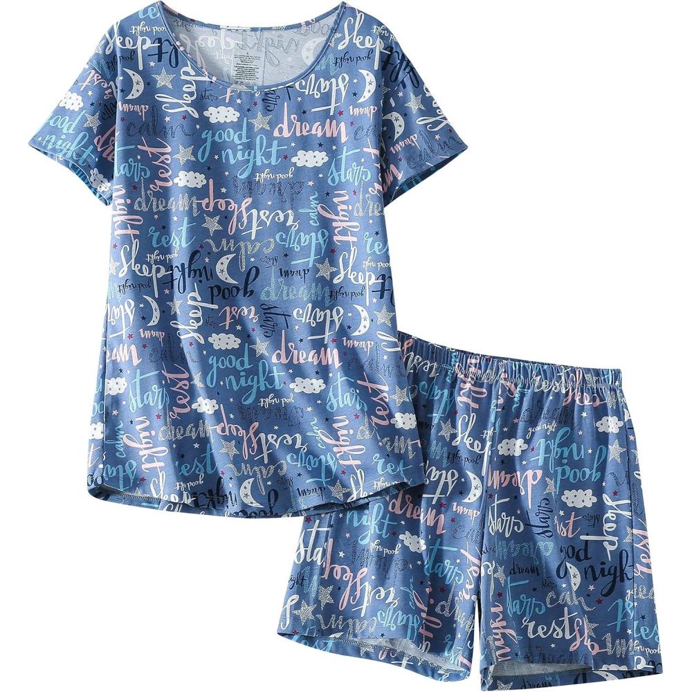 imagePNAEONG Womens Pajamas Set Cotton Short Sleeve Sleepwear Pjs Sets S3XLS Good Night