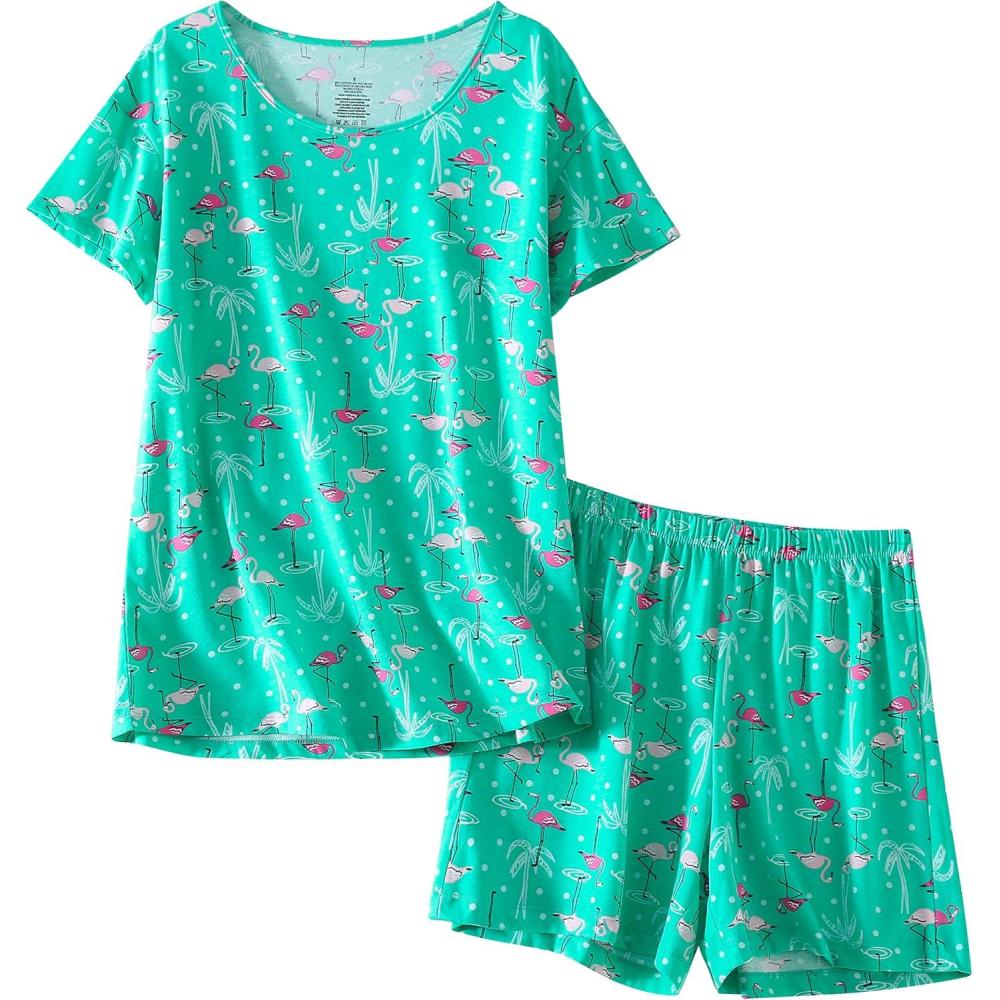 imagePNAEONG Womens Pajamas Set Cotton Short Sleeve Sleepwear Pjs Sets S3XLS Green Flamingo