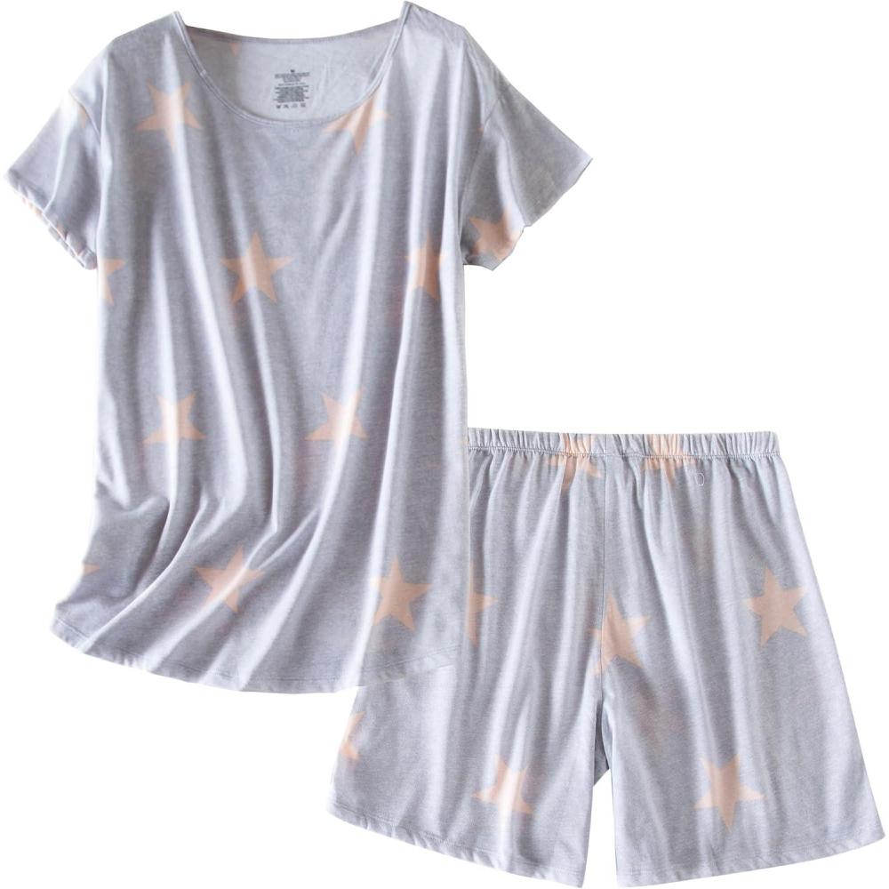 imagePNAEONG Womens Pajamas Set Cotton Short Sleeve Sleepwear Pjs Sets S3XLS Grey Stars