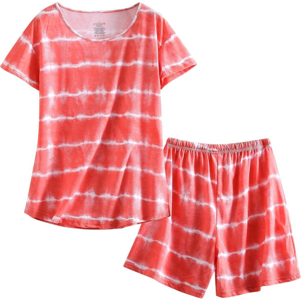 imagePNAEONG Womens Pajamas Set Cotton Short Sleeve Sleepwear Pjs Sets S3XLS Orange Wave