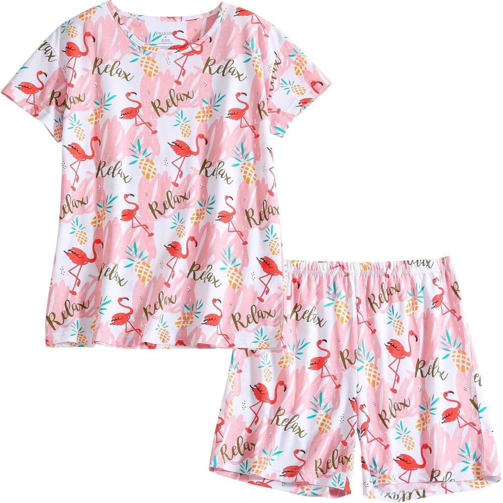 imagePNAEONG Womens Pajamas Set Cotton Short Sleeve Sleepwear Pjs Sets S3XLS Pink Flamingo