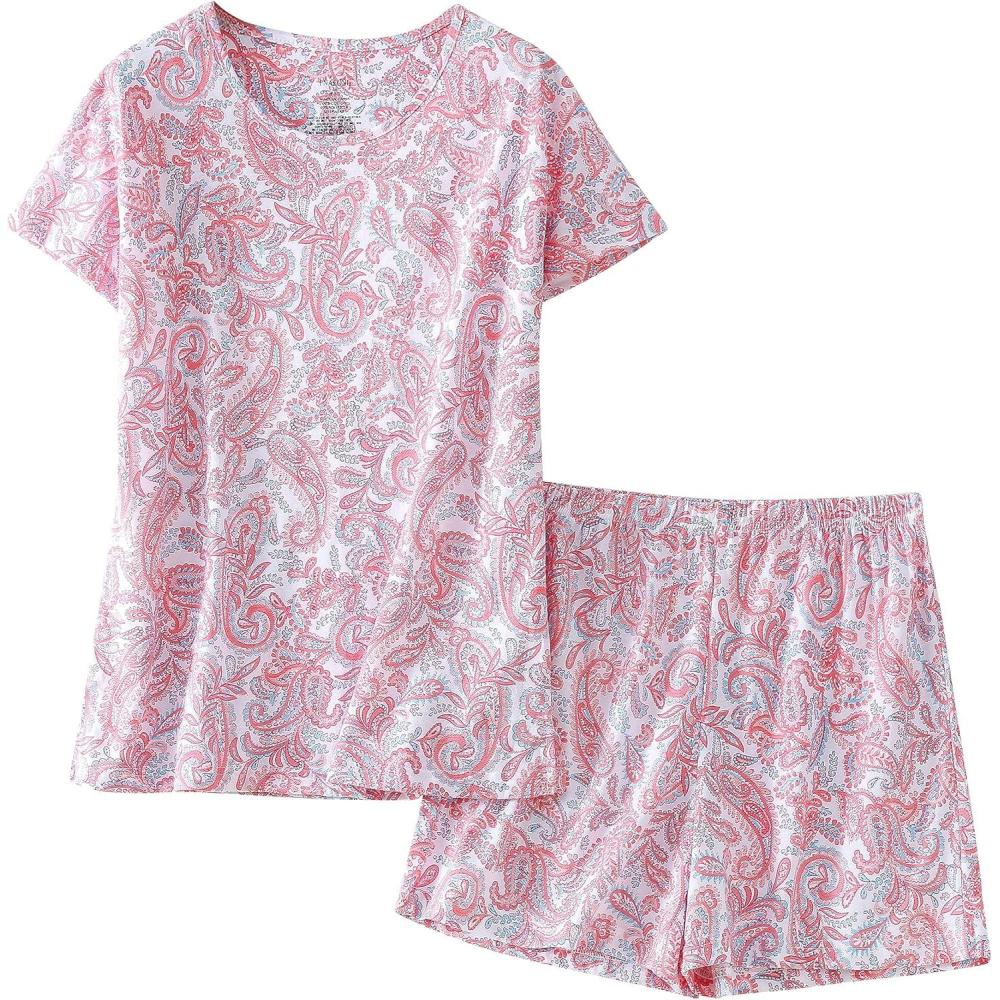 imagePNAEONG Womens Pajamas Set Cotton Short Sleeve Sleepwear Pjs Sets S3XLS Pink Paisley