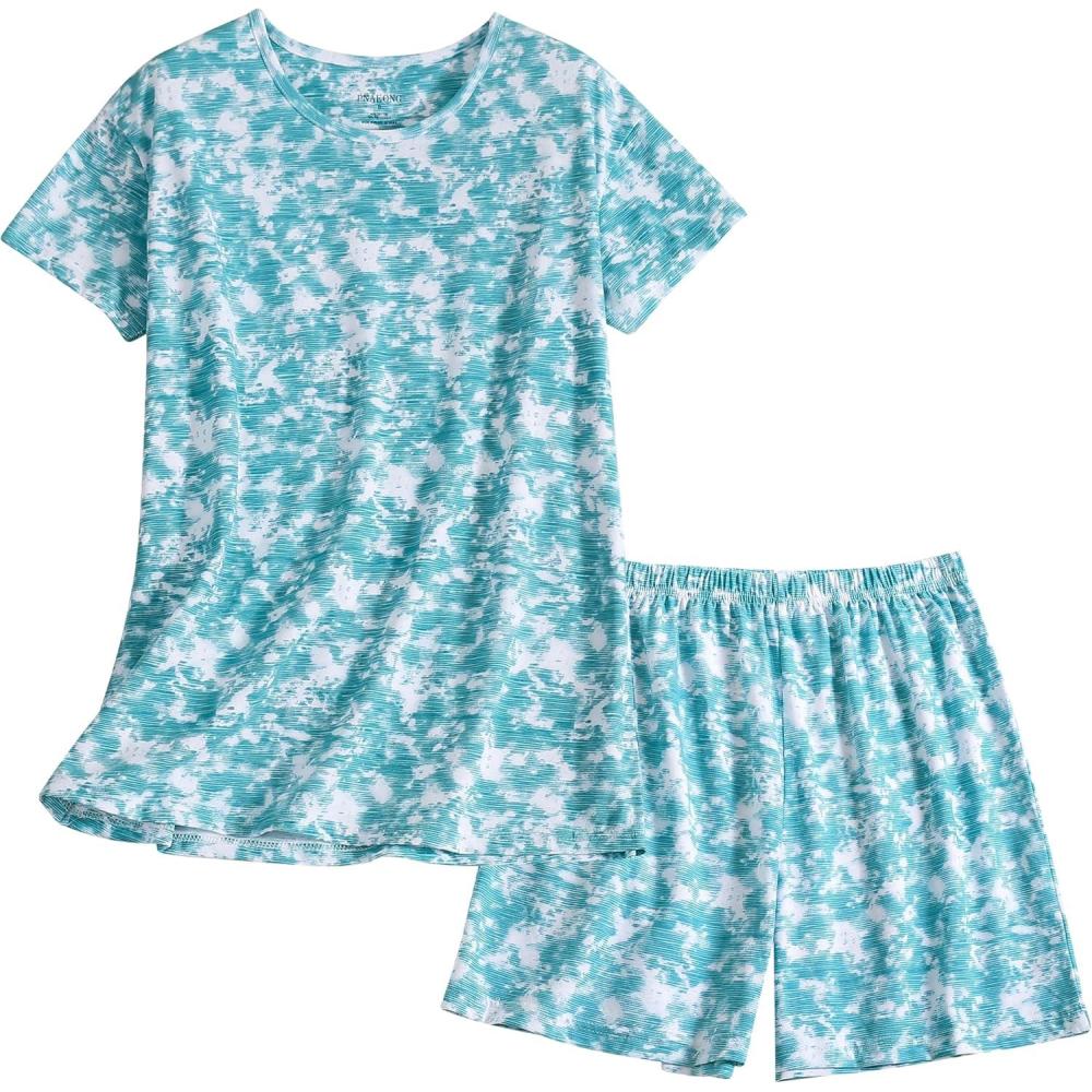 imagePNAEONG Womens Pajamas Set Cotton Short Sleeve Sleepwear Pjs Sets S3XLS Tgreen