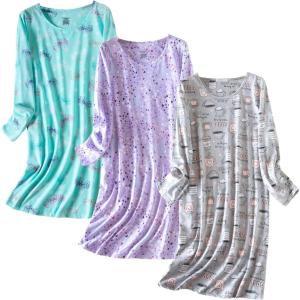 PNAEONG 3 Pack Women’s Nightgown, Long Sleeve Sleep Shirts Comfy Soft Nightshirt Women Pajama Sleep Dress Cotton Sleepwear(Coffee+purple+fly)