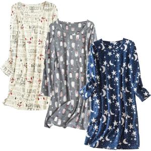 PNAEONG 3 Pack Women’s Nightgown, Long Sleeve Sleep Shirts Comfy Soft Nightshirt Women Pajama Sleep Dress Cotton Sleepwear(Snowman+penguin+deep Night)
