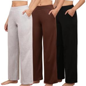 PNAEONG 3 Pack Women’s Petite Sweatpants, Casual Wide Leg Pants Loose Fit Lounge Pants with Pocket, Black+Light Grey+Dark Brown-XS