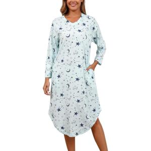 PNAEONG Nightgowns for Women Soft Cotton Long Sleeve Night Gowns Adult Sleepwear V Neck Nightshirt Comfy Sleepshirts(Blue Star)