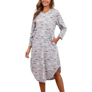PNAEONG Nightgowns for Women Soft Cotton Long Sleeve Night Gowns Adult Sleepwear V Neck Nightshirt Comfy Sleepshirts(Coffee)
