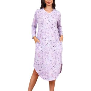 PNAEONG Nightgowns for Women Soft Cotton Long Sleeve Night Gowns Adult Sleepwear V Neck Nightshirt Comfy Sleepshirts(Purple)